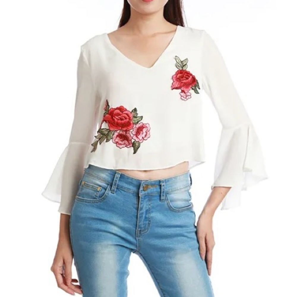 White Blouse with Embroidered Roses